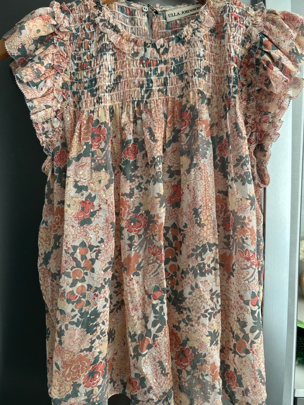 Ulla Johnson Coral Pink Smocked Babydoll Top